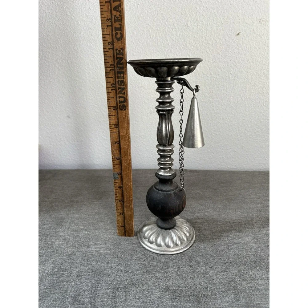 Vintage Unbranded Candle Holder  w/ Chained‎ Snuffer Wood & Metal 11.5